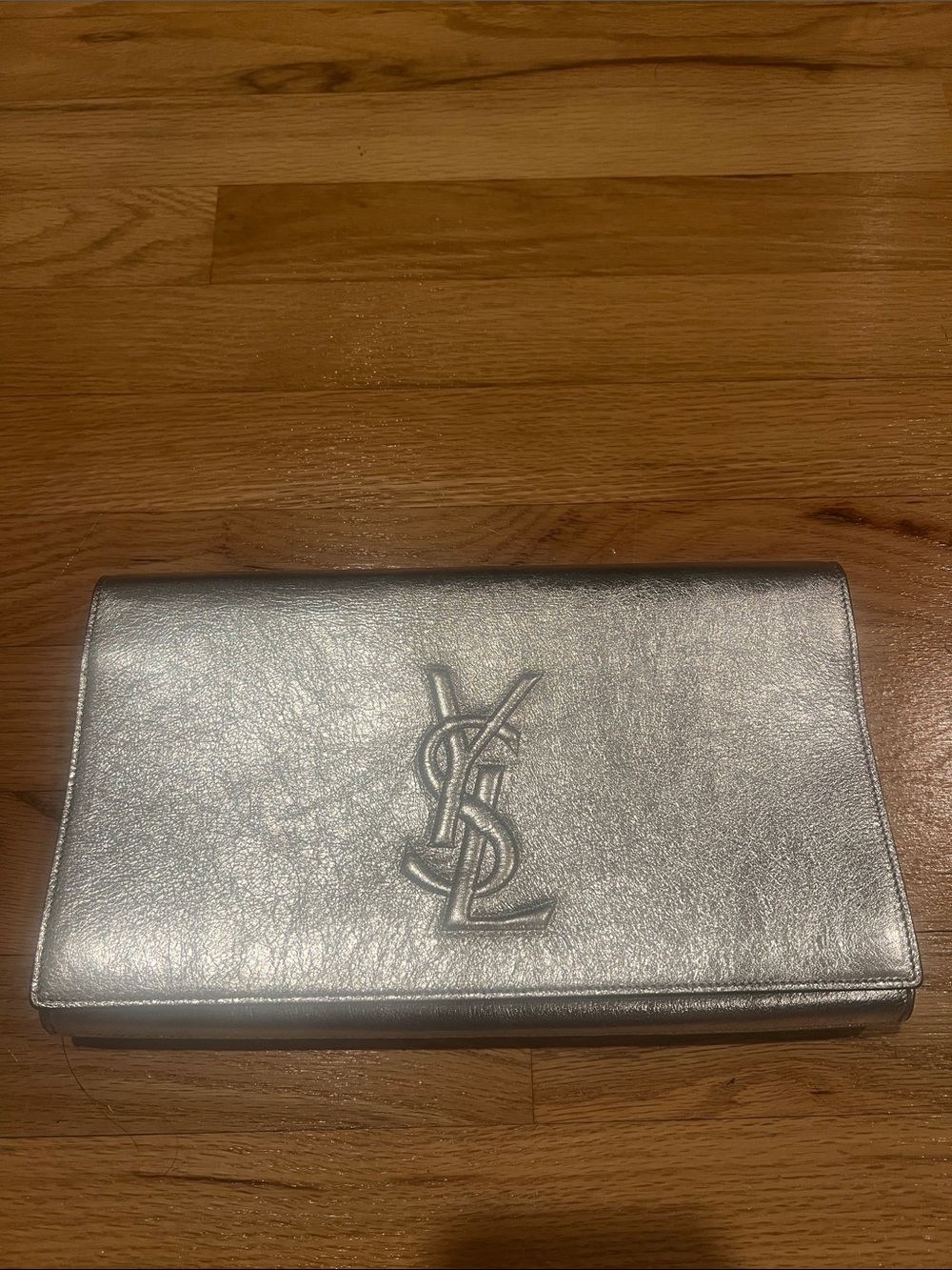 Saint Laurent Silver Metallic Leather Envelope Clutch